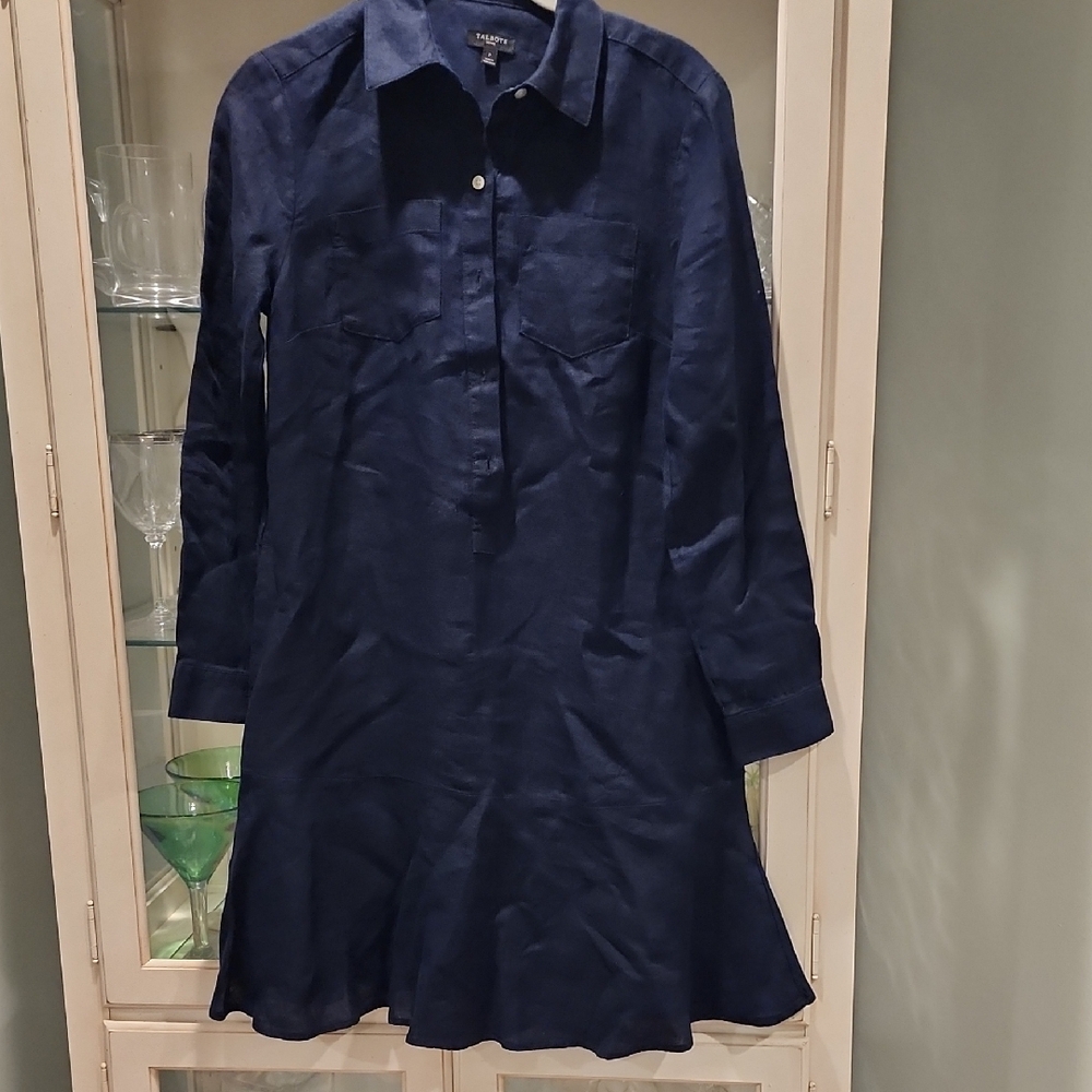 Talbots Navy Long Sleeve Linen Blend Dress - Picture 2 of 4